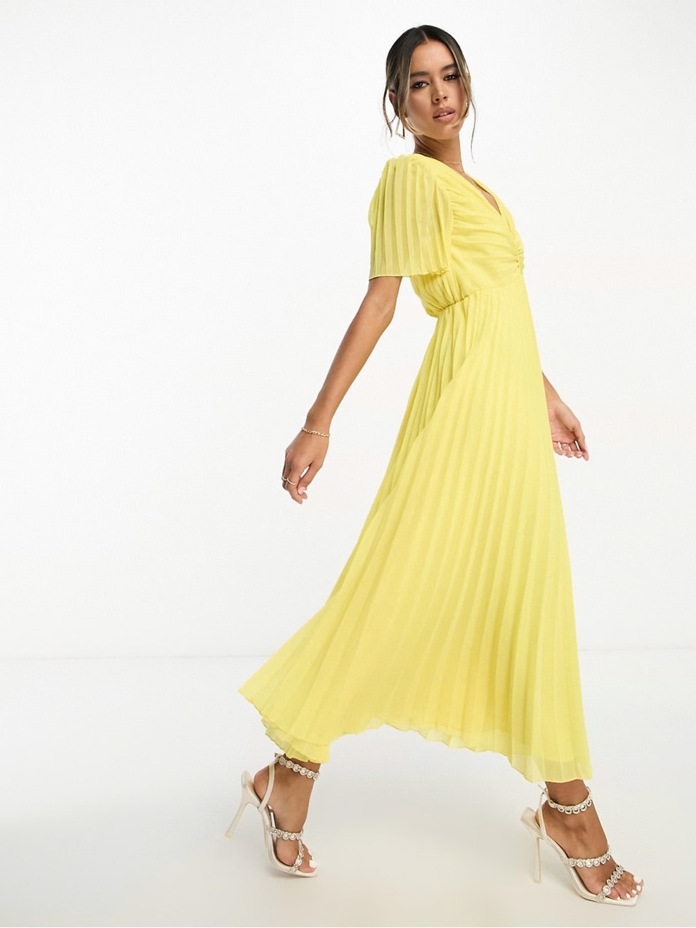 ASOS DESIGN pleated bodice flutter sleeve pleat midi dress in lemon